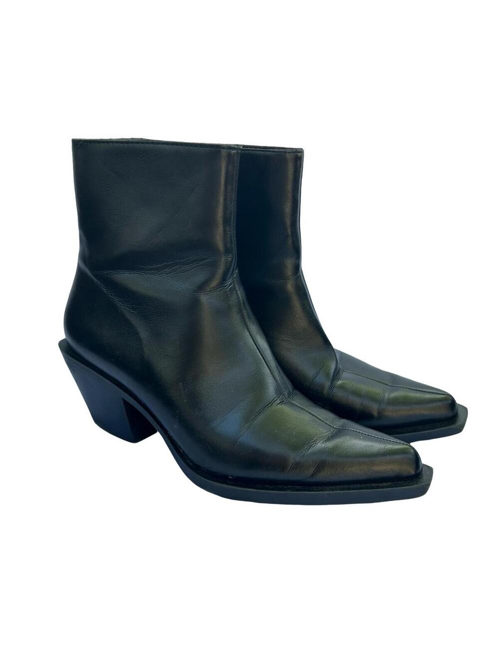 Zara Black Leather Square Toe Ankle Boots Block Heel Side Zip EU 37 Western
